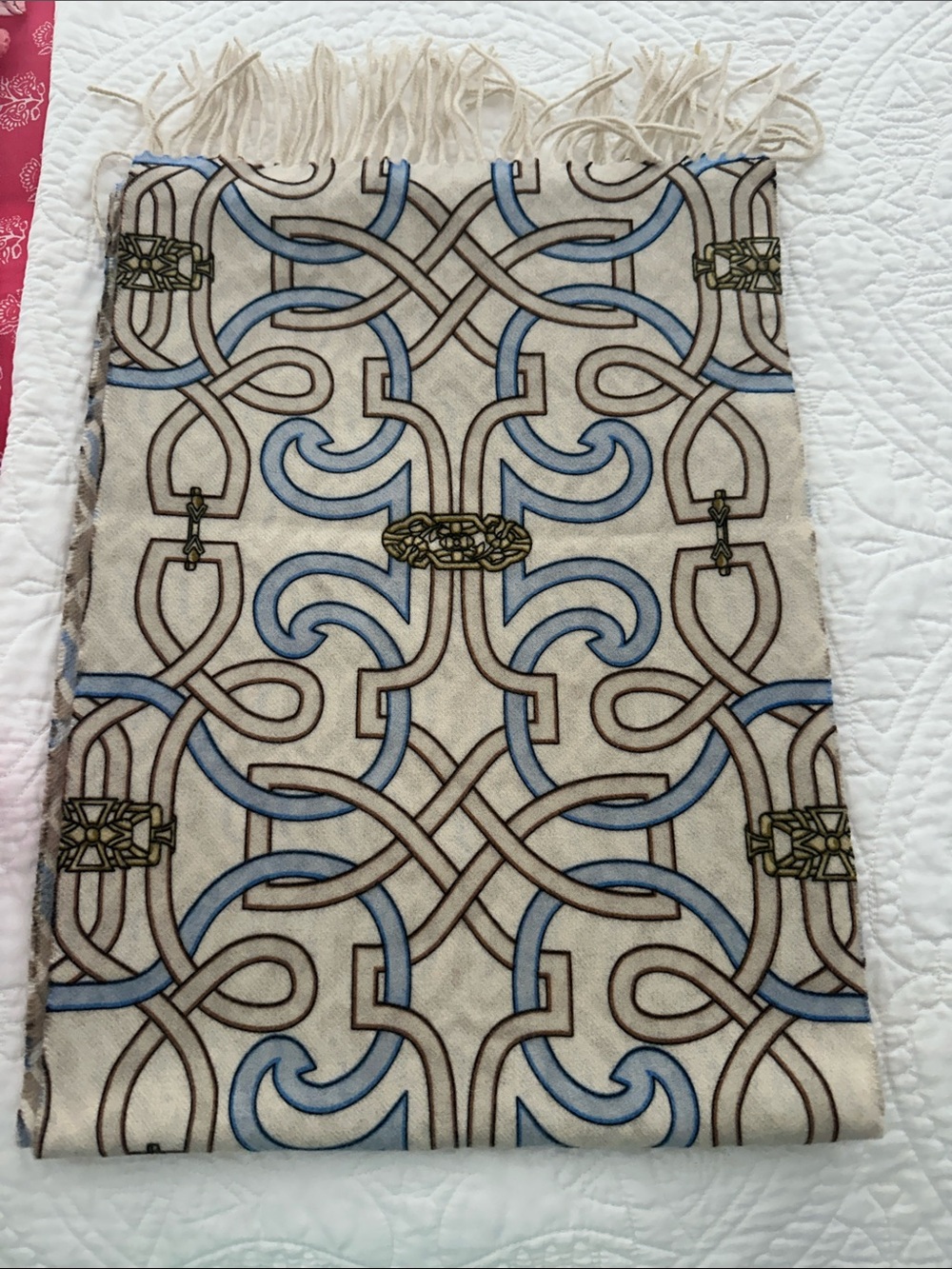 J. McLaughlin Beige and Light Blue 100% Cashmere Scarf